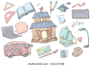 Hand drawn cartoon School supplies and items set isolated on white background. Back to school equipment. Education workspace accessories.
