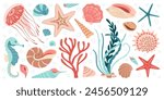 Hand drawn cartoon sea life elements set. Aquatic animals, anemones, jellyfish, algae, seashells, starfish, sea horse. Trendy flat doodle set underwater ecosystem for your design. Vector illustration