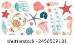 Hand drawn cartoon sea life elements set. Aquatic animals, anemones, crab, jellyfish, algae, seashells, starfish, sea horse. Trendy flat doodle set underwater ecosystem. Vector illustration