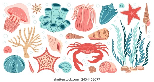 Conjunto de Elementos de vida marina dibujado a mano. Animales acuáticos, anémonas, cangrejos, algas, conchas, estrellas de mar, plantas de arrecifes de coral. Conjunto de doodle plano de moda ecosistema bajo el agua para su diseño. Ilustración vectorial