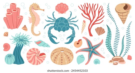 Conjunto de Elementos de vida marina dibujado a mano. Animales acuáticos, anémonas, cangrejo, algas, conchas, estrellas de mar, caballo de mar. Conjunto de doodle plano de moda ecosistema bajo el agua para su diseño. Ilustración vectorial