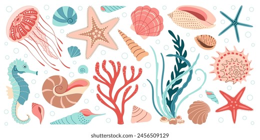 Conjunto de Elementos de vida marina dibujado a mano. Animales acuáticos, anémonas, medusas, algas, conchas, estrellas de mar, caballos de mar. Conjunto de doodle plano de moda ecosistema bajo el agua para su diseño. Ilustración vectorial