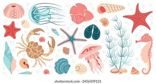 Conjunto de Elementos de vida marina dibujado a mano. Animales acuáticos, anémonas, cangrejo, medusas, algas, conchas, estrellas de mar, caballo de mar. Conjunto de doodle plano de moda bajo el ecosistema acuático. Ilustración vectorial