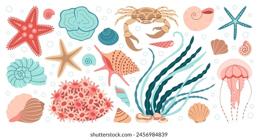 Conjunto de Elementos de vida marina dibujado a mano. Animales acuáticos, anémonas, cangrejo, medusas, algas, conchas, estrellas de mar, caballo de mar. Conjunto de doodle plano de moda bajo el ecosistema acuático. Ilustración vectorial