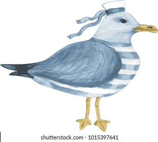 Hand drawn cartoon seagull. Isolated. On white background. Vector illustration
