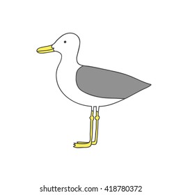 Hand drawn cartoon seagull. Isolated. On white background. Vector flat illustration