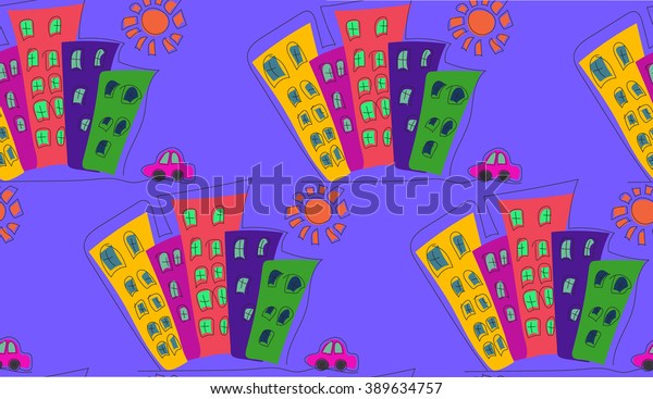 hand drawn cartoon seamless colorful city\
pattern. vector\
illustration