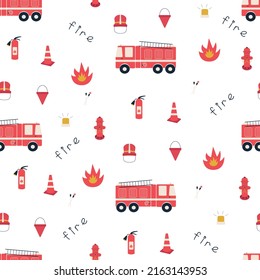 Hand Drawn Cartoon Seamless Firefighter Pattern. Red Toy Fire Truck, Fire Extinguisher, Hydrant, Fireman Helmet, Bucket. Baby Pattern With City Service Cars In Scandinavian Style. Kids Print. 