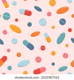 Desenho desenhado à mão padrão sem emenda de várias pílulas, drogas ou vitaminas. Conceito médico, farmacêutico ou de saúde. Ilustração plana de fundo de vetor para impressão, cartaz, papel de embrulho, papel de parede