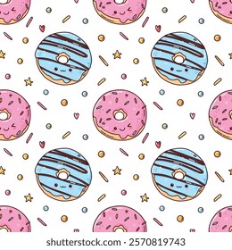 hand drawn cartoon seamless pattern with sweets, bright background of donuts