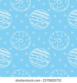 hand drawn cartoon seamless pattern with sweets, bright background of donuts