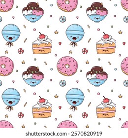  hand drawn cartoon seamless pattern with sweets, bright background of candy and icecream