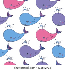 Hand drawn cartoon seamless pattern, vector illustration with cute whales making a stream of water