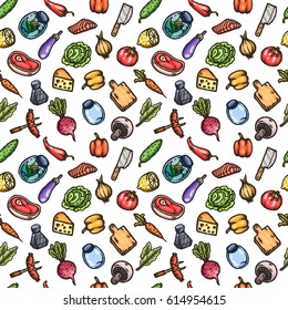 Hand drawn cartoon seamless pattern of food and kitchen stuff. Vector isolated illustrations.
