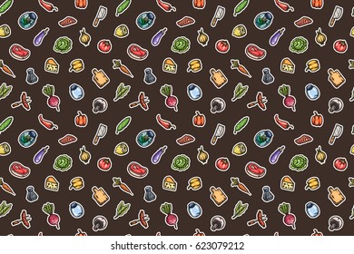 Hand drawn cartoon seamless pattern of food and kitchen stuff. Vector isolated illustrations.