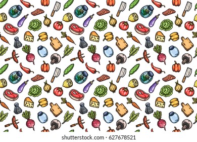 Hand drawn cartoon seamless pattern of food and kitchen stuff. Vector isolated illustrations.