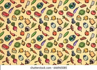 Hand drawn cartoon seamless pattern of food and kitchen stuff. Vector isolated illustrations.