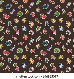 Hand drawn cartoon seamless pattern of food and kitchen stuff. Vector isolated illustrations.