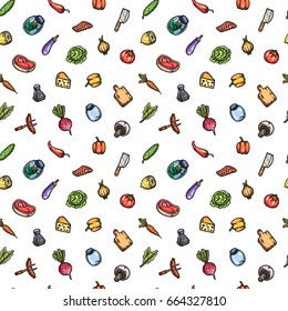 Hand drawn cartoon seamless pattern of food and kitchen stuff. Vector isolated illustrations.