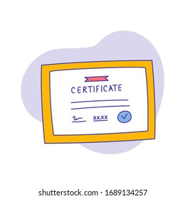Hand drawn cartoon sertificate vector icon on isolated background . Horizontal illustration with a blue stroke