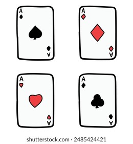 Hand drawn cartoon set of ace playing cards isolated on white background. Vector illustration.