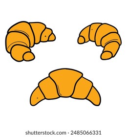 Hand drawn cartoon set of appetizing French croissants isolated on white background. Vector illustration.