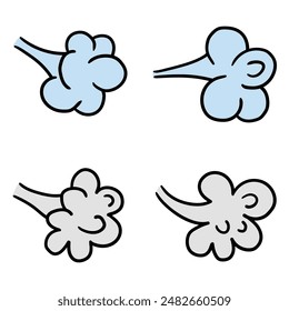 Hand drawn cartoon set of blowing steam and smoke isolated on a white background. Concept smoking, weather. Vector illustration.