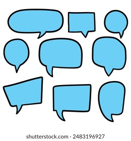 Hand drawn cartoon set of blue speech bubbles isolated on white background. Vector illustration.
