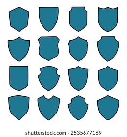 Hand drawn cartoon set of blue shields isolated on a white background. Privacy, protection, safety. Flat design. Vector illustration.
