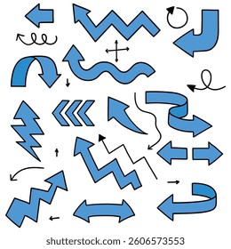 Hand drawn cartoon set of blue arrows isolated on white background. Vector illustration.