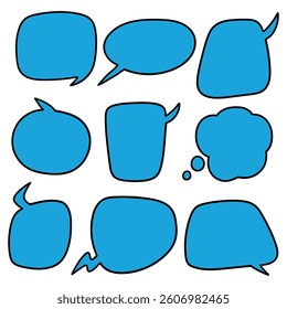 Hand drawn cartoon set of blue speech bubbles isolated on white background. Vector illustration.