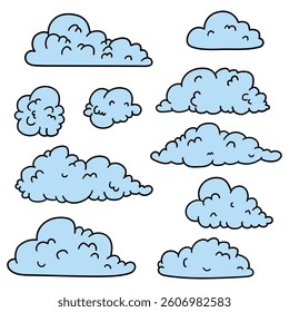 Hand drawn cartoon set of blue clouds isolated on white background. Vector illustration.