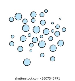 Hand drawn cartoon set of blue water bubbles isolated on white background. Vector illustration.
