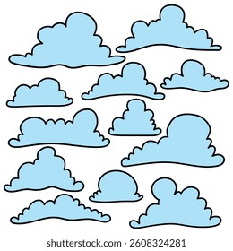 Hand drawn cartoon set of blue clouds isolated on white background. Vector illustration.