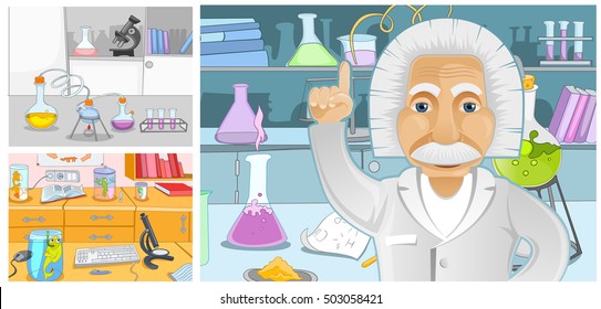 Hand drawn cartoon set of chemical laboratory. Colourful cartoons of backgrounds of chemical laboratory. Vector cartoon set with chemical laboratory with measuring equipment, test tubes, scientist.