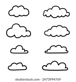 Hand drawn cartoon set of clouds isolated on white background. Vector illustration.