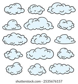 Hand drawn cartoon set of clouds isolated on white background. Weather forecast, meteorology, atmosphere. Vector illustration.