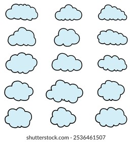Hand drawn cartoon set of clouds isolated on white background. Meteorology, heaven, weather forecast. Vector illustration.