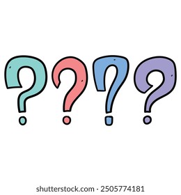Hand drawn cartoon set of colored question marks isolated on a white background. Vector illustration.