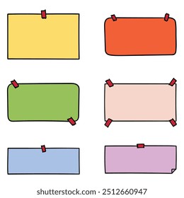 Hand drawn cartoon set colored note paper sheets isolated on white background. Vector illustration.