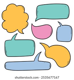 Hand drawn cartoon set of colored speech bubbles with blank space for text isolated on white background. Vector illustration.