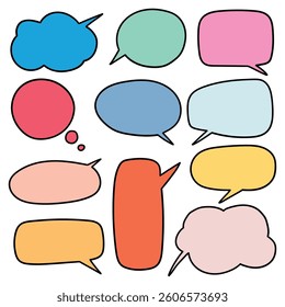 Hand drawn cartoon set of colored speech bubbles isolated on white background. Vector illustration.