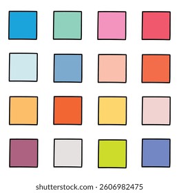 Hand drawn cartoon set of colored squares isolated on white background. Vector illustration.