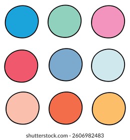 Hand drawn cartoon set of colored circles isolated on white background. Vector illustration.