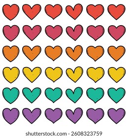 Hand drawn cartoon set of colored hearts isolated on white background. Vector illustration.
