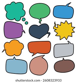 Hand drawn cartoon set of colored speech bubbles isolated on white background. Vector illustration.