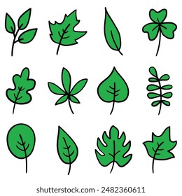 Hand drawn cartoon set of different green leaves isolated on a white background. Vector illustration.