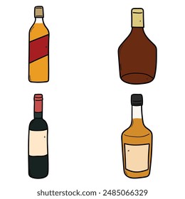 Conjunto de dibujos animados dibujado a mano de diferentes botellas de alcohol conjunto aislado sobre fondo blanco. Ilustración vectorial.