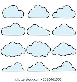 Dibujado a mano conjunto de dibujos animados de diferentes nubes aisladas sobre fondo blanco. Meteorología, cielo, pronóstico de Clima. Ilustración vectorial.