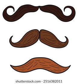 Hand drawn cartoon set of elegant mustache isolated on white background. Concept barbershop, facial care. Vector illustration.